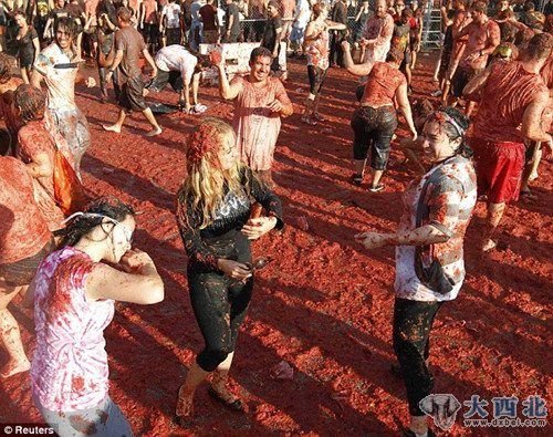 人们相互投掷了大约25000个、总重超过4吨的番茄。 人们相互投掷了大约25000个、总重超过4吨的番茄。