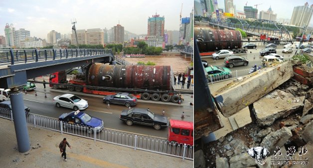 兰州：超高大货车撞瘫白塔山过街天桥